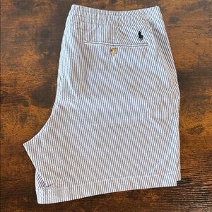 Polo by Ralph Lauren Blue & White Striped Seersucker Flat-Front Shorts